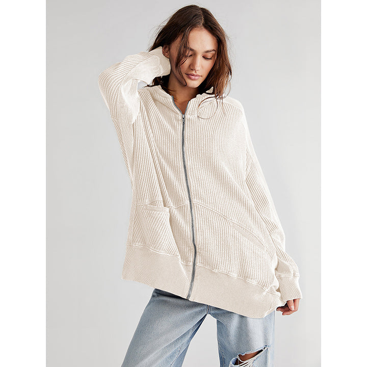 Beige-Coloured Ribbed Mock Collar Hooded Front-Open Overcoat