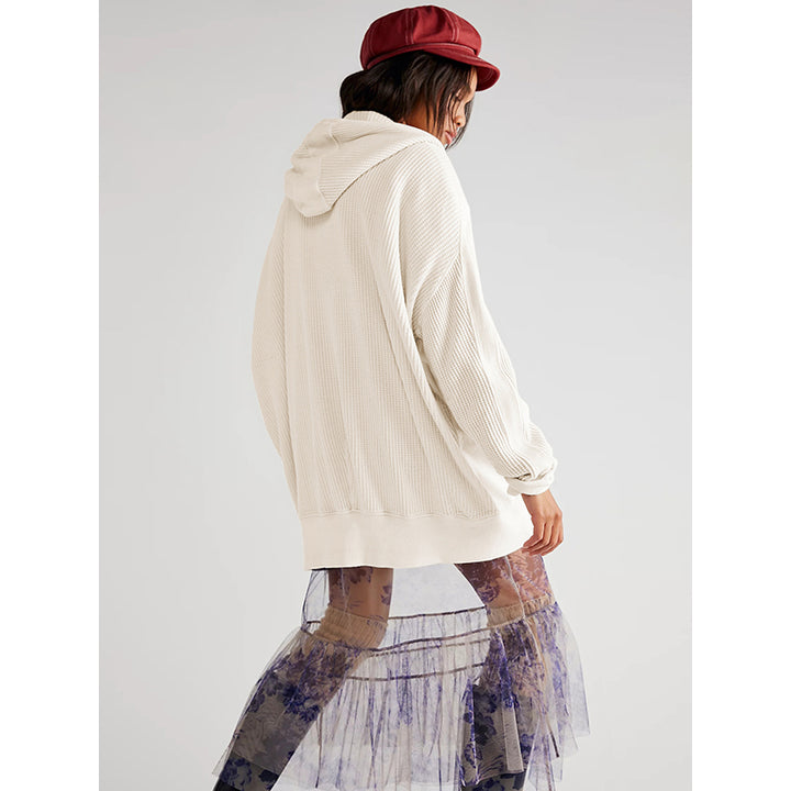 Beige-Coloured Ribbed Mock Collar Hooded Front-Open Overcoat