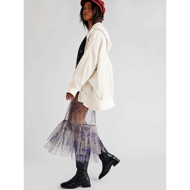 Beige-Coloured Ribbed Mock Collar Hooded Front-Open Overcoat