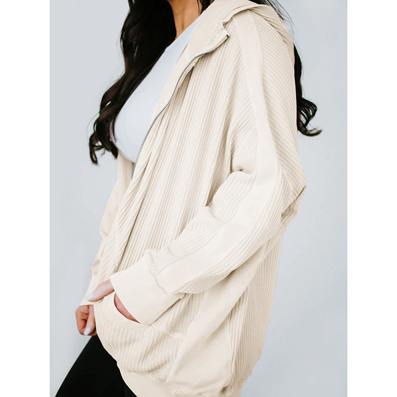 Beige-Coloured Ribbed Mock Collar Hooded Front-Open Overcoat