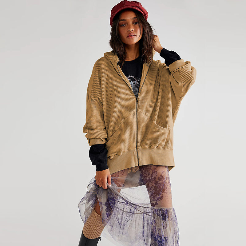Brown Mock Collar Hooded Front-Open Overcoat