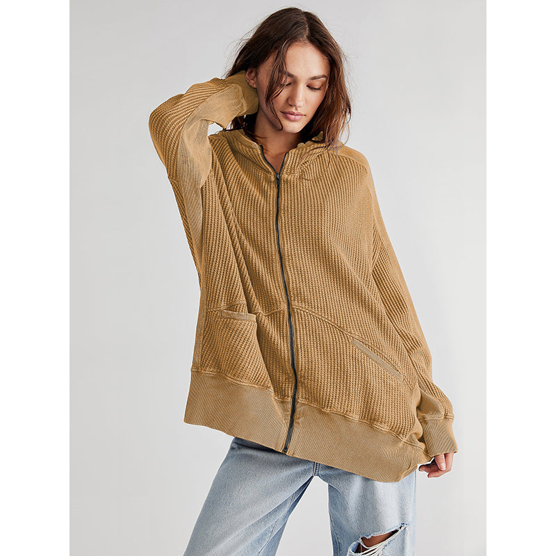 Brown Mock Collar Hooded Front-Open Overcoat
