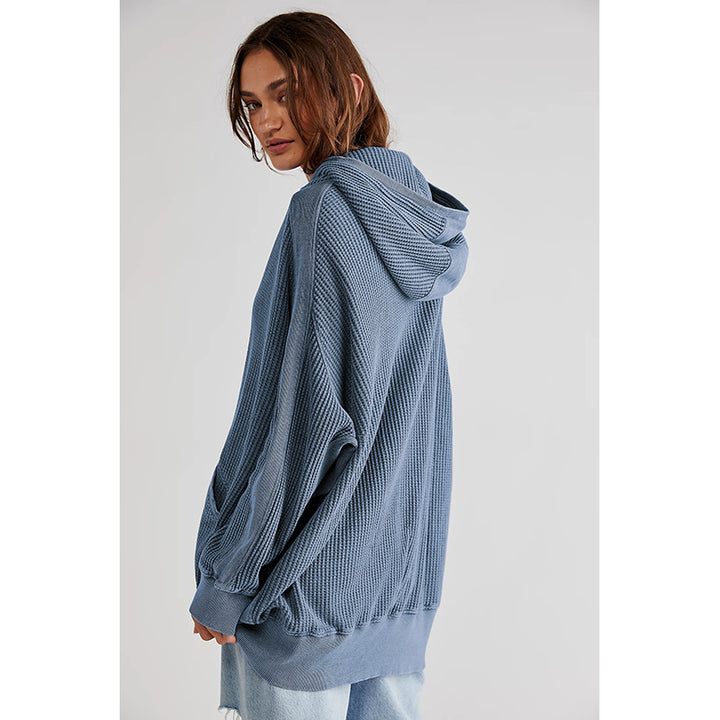 Blue Hooded Long Sleeves Sweatshirt