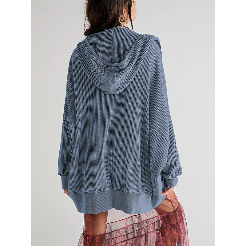 Blue Hooded Long Sleeves Sweatshirt