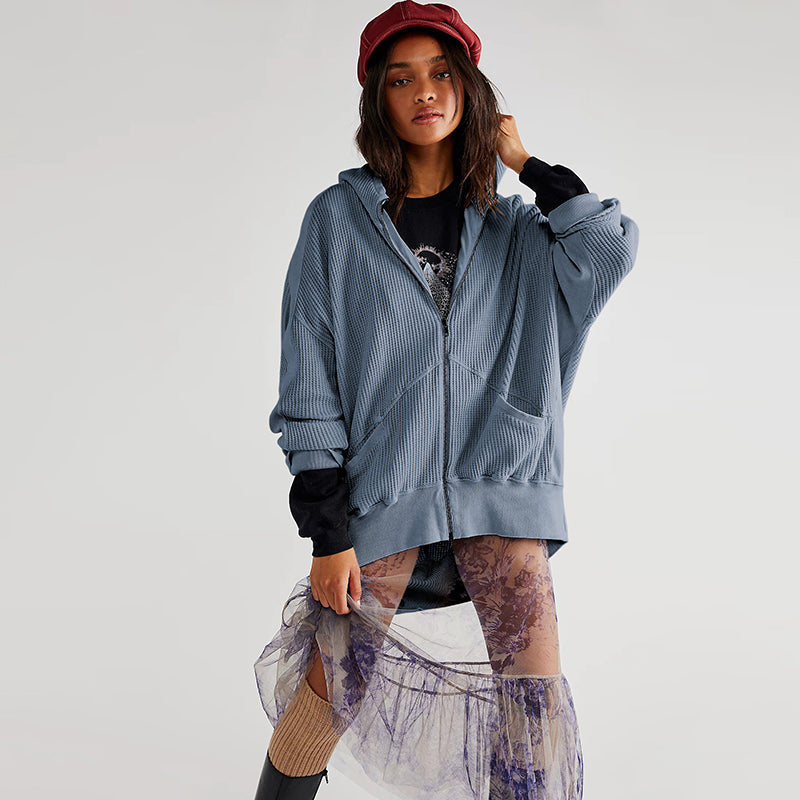 Blue Hooded Long Sleeves Sweatshirt