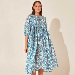 Blue & wan blue Floral Print Tie-Up Neck Puff Sleeve A-Line Midi Dress