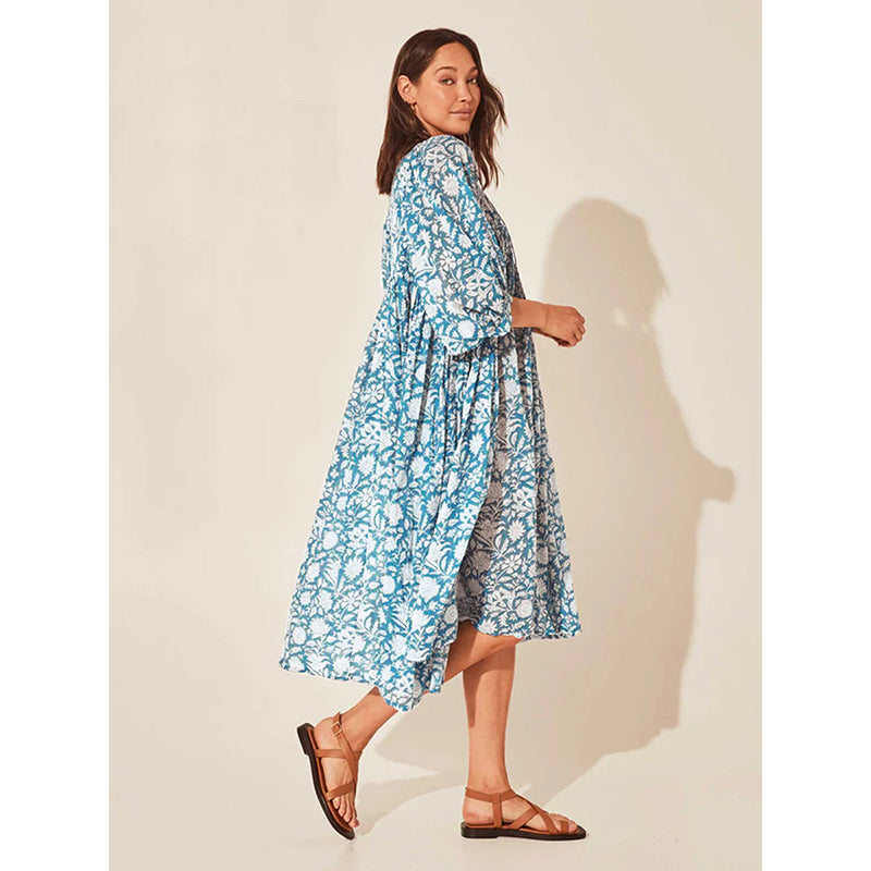 Blue & wan blue Floral Print Tie-Up Neck Puff Sleeve A-Line Midi Dress