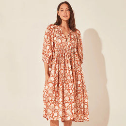 Rust Floral Printed Puffed Sleeves Gathered or Pleated A-Line Midi Dress