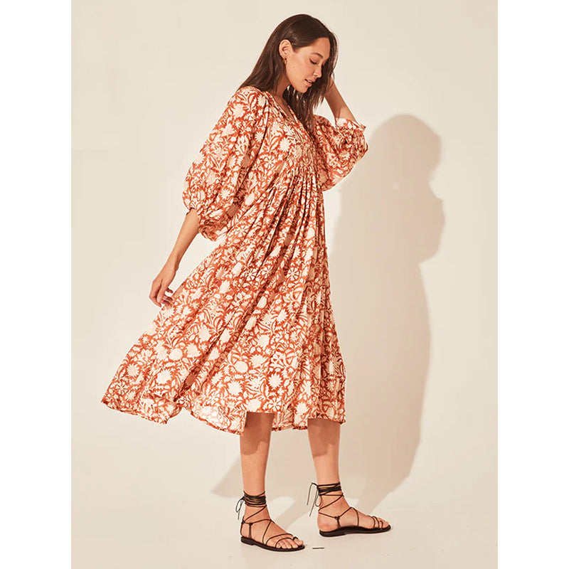Rust Floral Printed Puffed Sleeves Gathered or Pleated A-Line Midi Dress