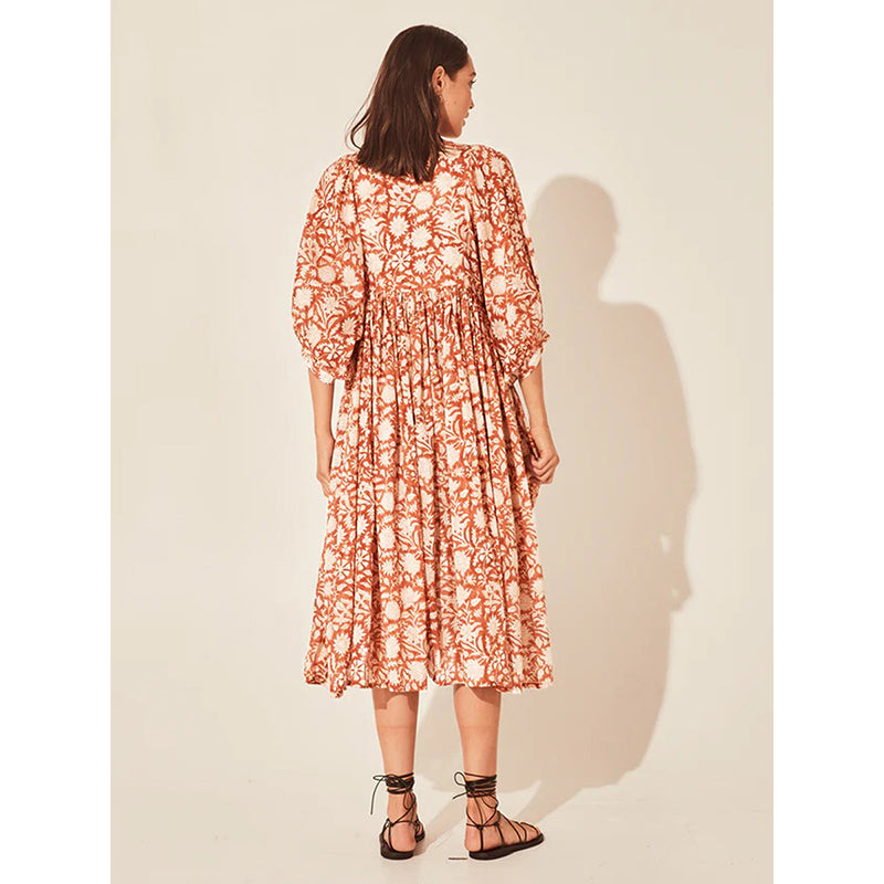 Rust Floral Printed Puffed Sleeves Gathered or Pleated A-Line Midi Dress