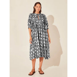 Black & White Floral Print Tie-Up Neck Layered Fit & Flare Midi Dress