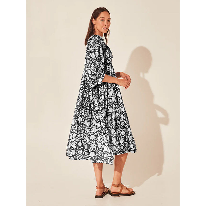Black & White Floral Print Tie-Up Neck Layered Fit & Flare Midi Dress