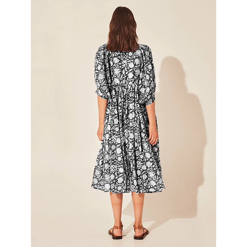 Black & White Floral Print Tie-Up Neck Layered Fit & Flare Midi Dress
