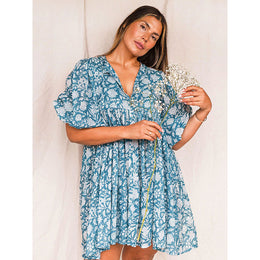 Blue V-Neck Floral Print A-Line Dress