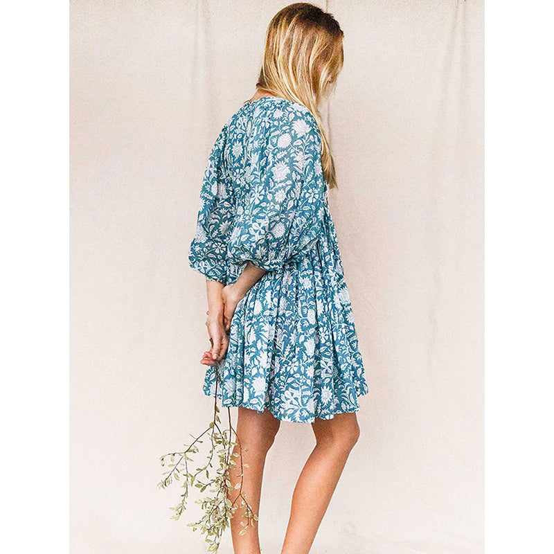 Blue V-Neck Floral Print A-Line Dress