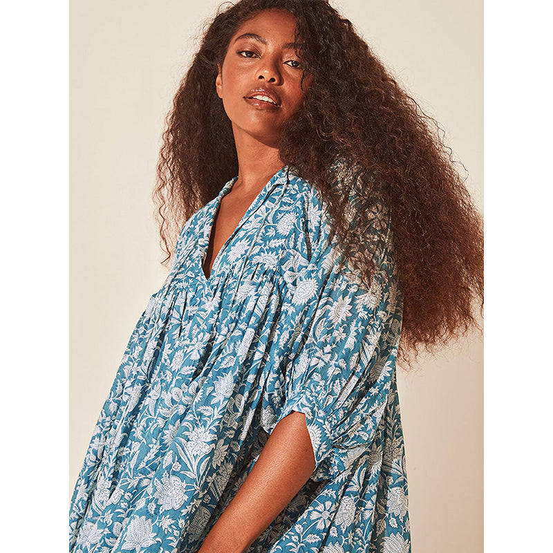 Blue V-Neck Floral Print A-Line Dress