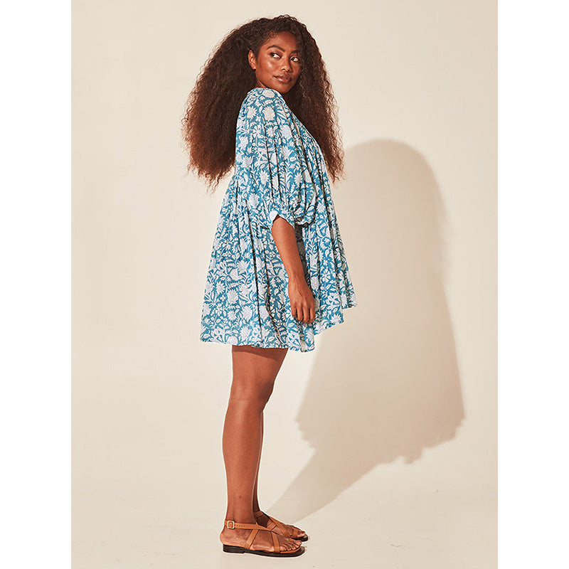 Blue V-Neck Floral Print A-Line Dress