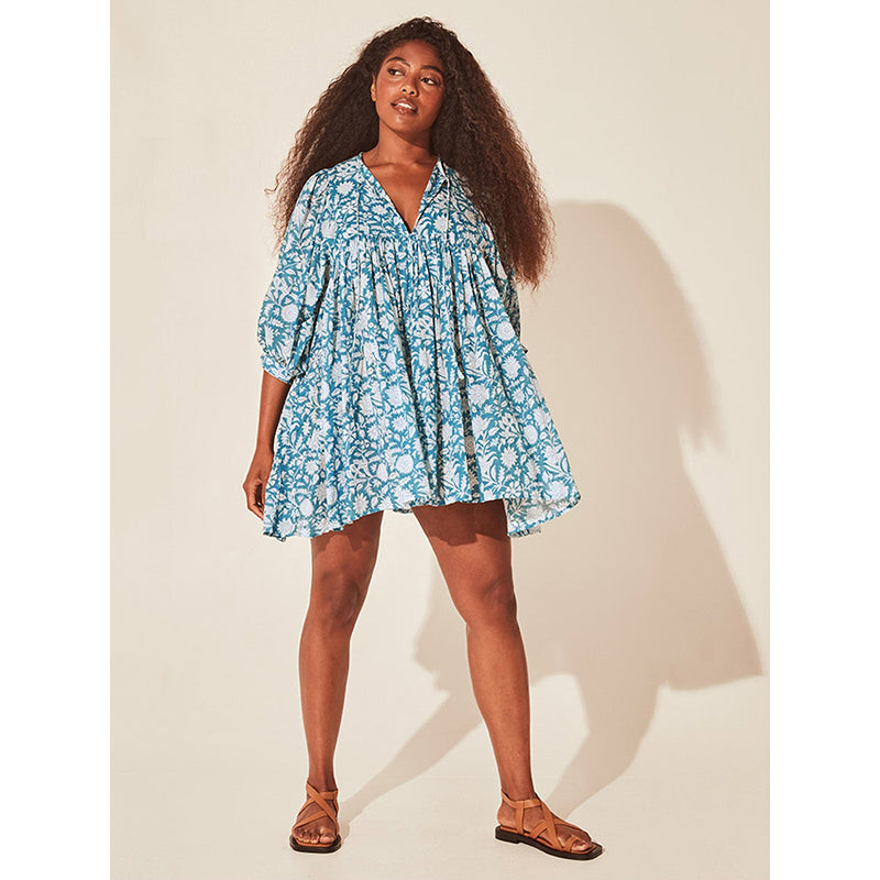 Blue V-Neck Floral Print A-Line Dress