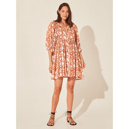 Orange Floral Printed Tie-Up Neck Fit & Flare Dress