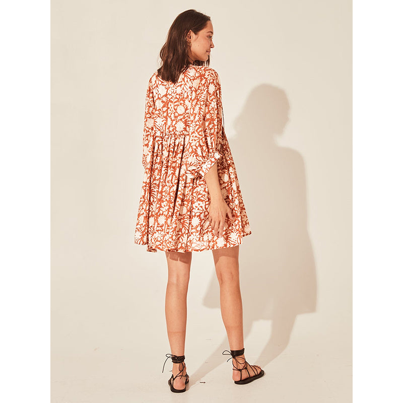 Orange Floral Printed Tie-Up Neck Fit & Flare Dress