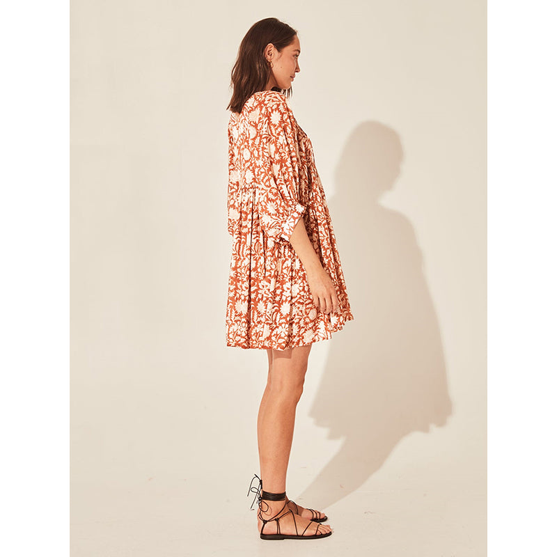 Orange Floral Printed Tie-Up Neck Fit & Flare Dress