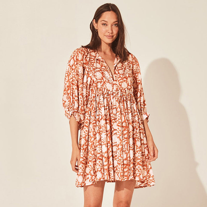 Orange Floral Printed Tie-Up Neck Fit & Flare Dress