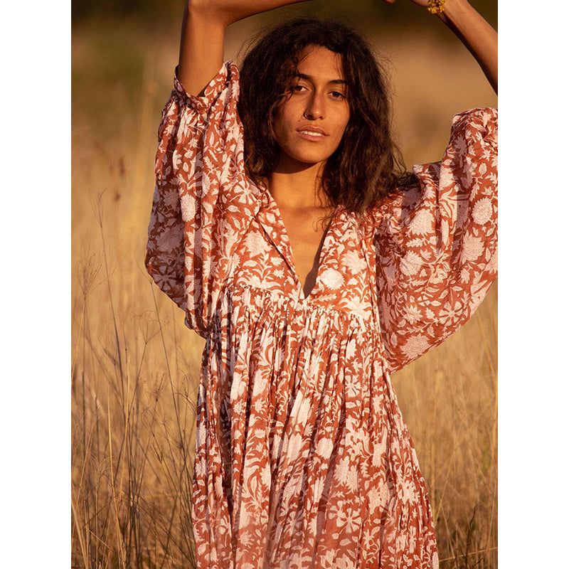Orange Floral Printed Tie-Up Neck Fit & Flare Dress