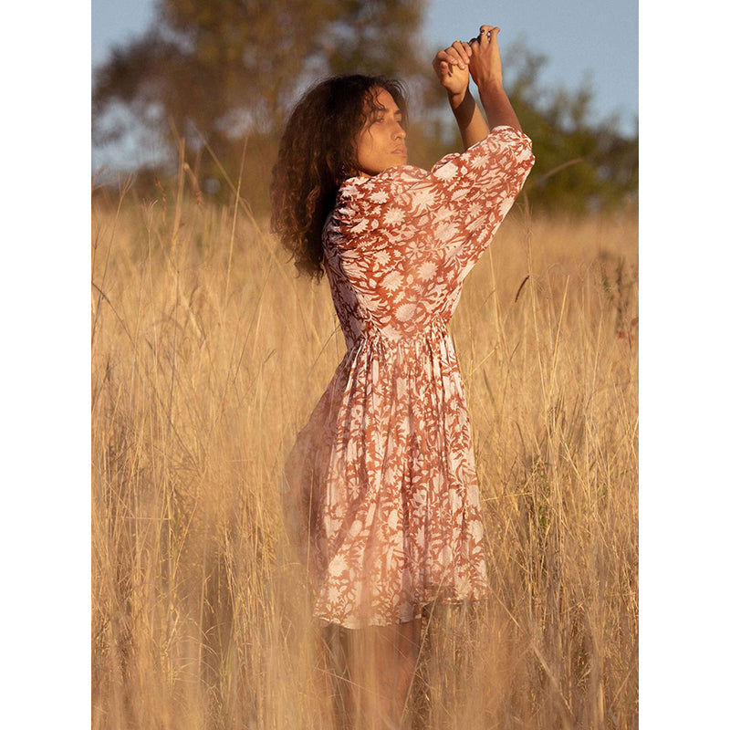 Orange Floral Printed Tie-Up Neck Fit & Flare Dress
