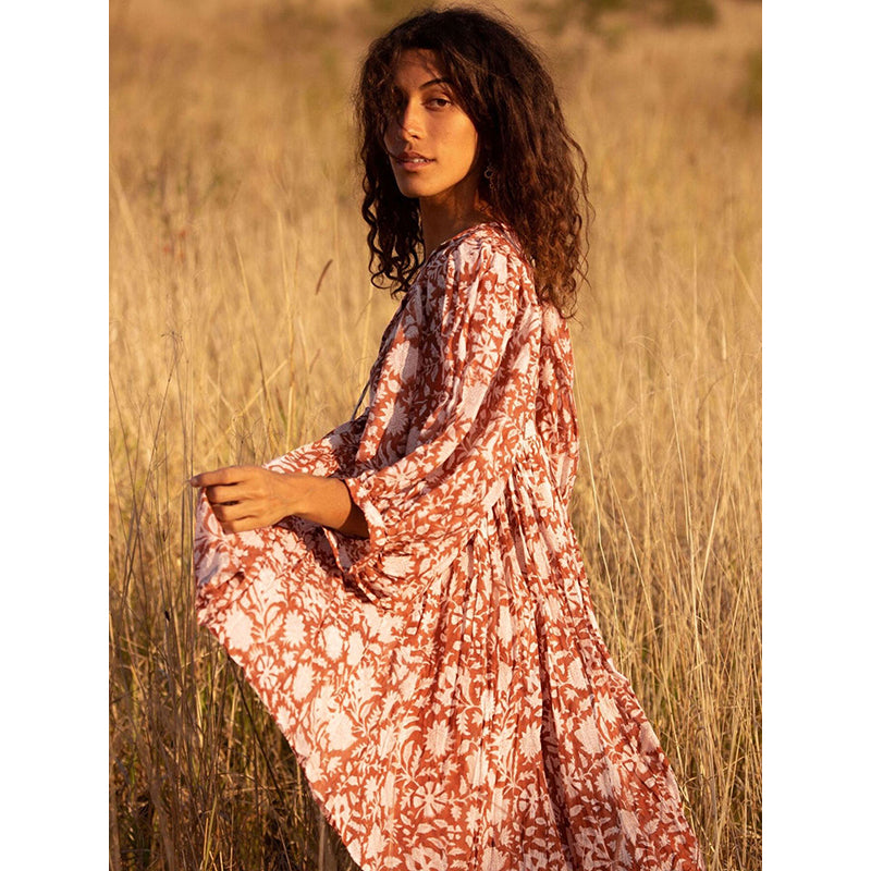 Orange Floral Printed Tie-Up Neck Fit & Flare Dress