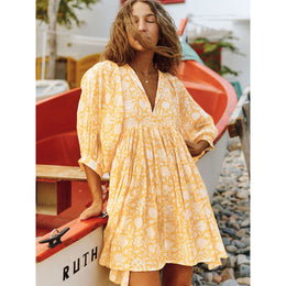 Yellow Floral Printed Cuffed Sleeves Gathered Fit & Flare Mini Dress