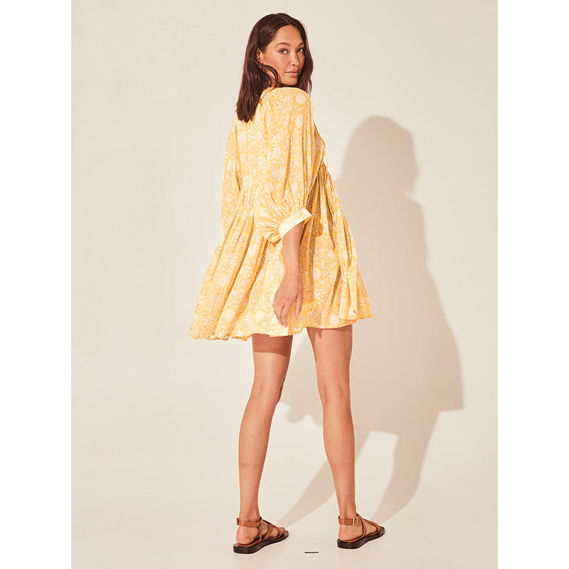 Yellow Floral Printed Cuffed Sleeves Gathered Fit & Flare Mini Dress
