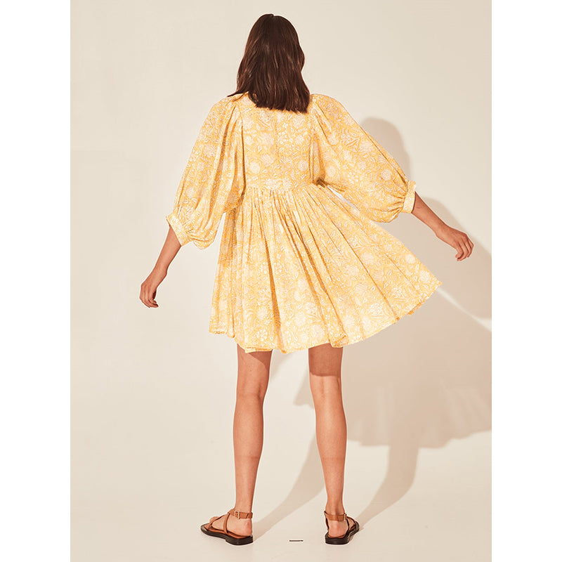 Yellow Floral Printed Cuffed Sleeves Gathered Fit & Flare Mini Dress