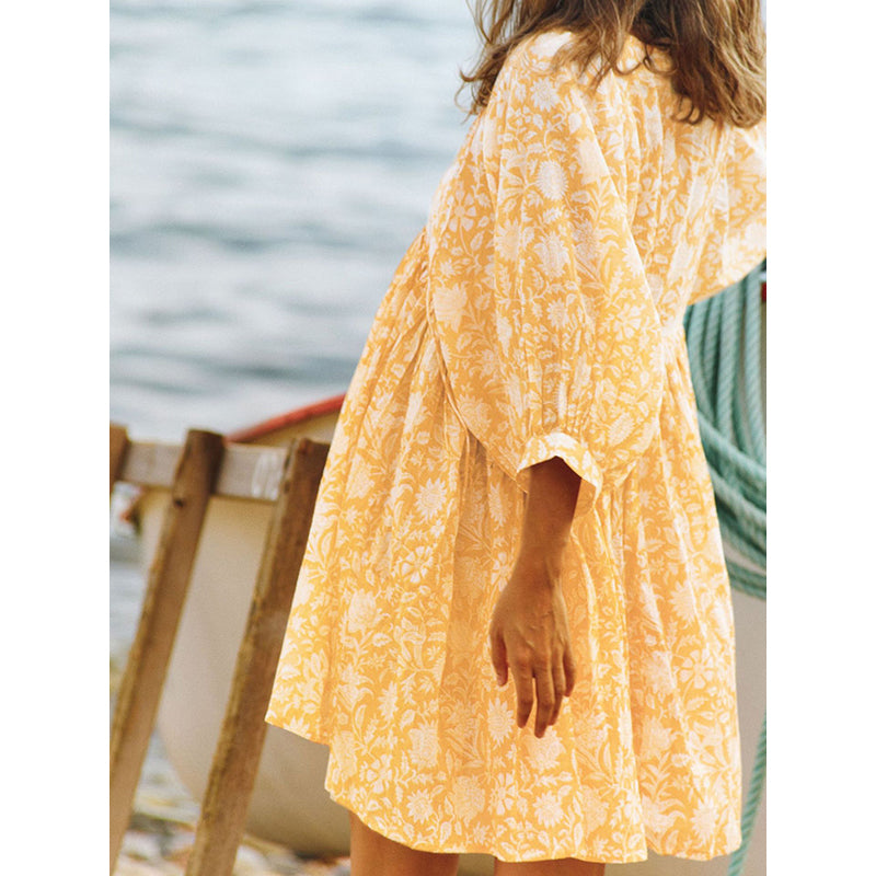 Yellow Floral Printed Cuffed Sleeves Gathered Fit & Flare Mini Dress