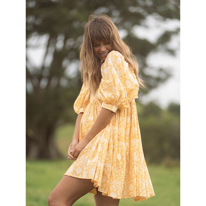 Yellow Floral Printed Cuffed Sleeves Gathered Fit & Flare Mini Dress