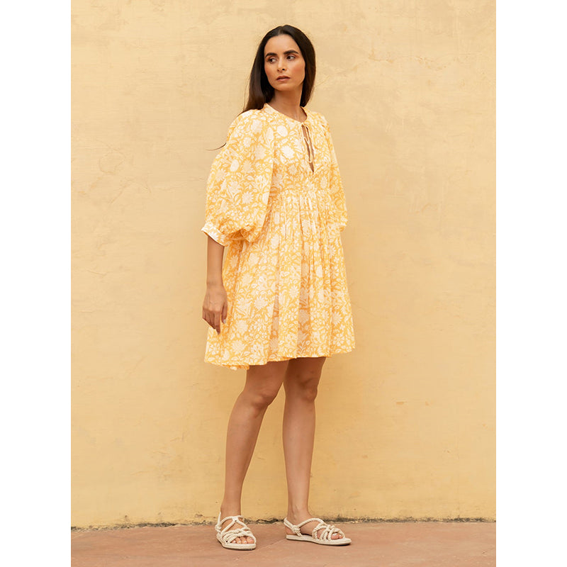 Yellow Floral Printed Cuffed Sleeves Gathered Fit & Flare Mini Dress