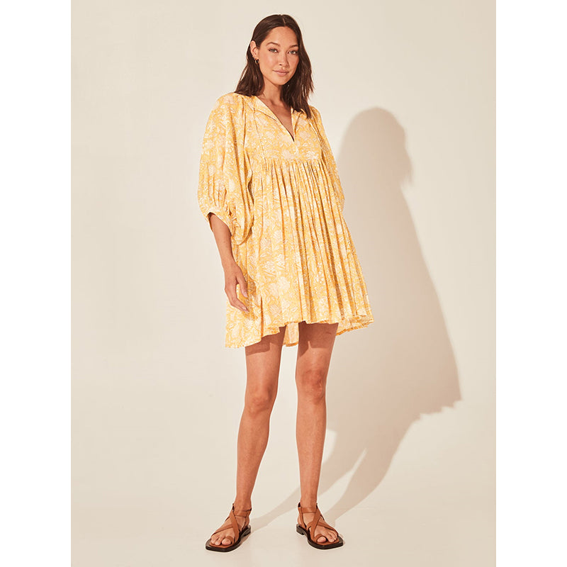 Yellow Floral Printed Cuffed Sleeves Gathered Fit & Flare Mini Dress