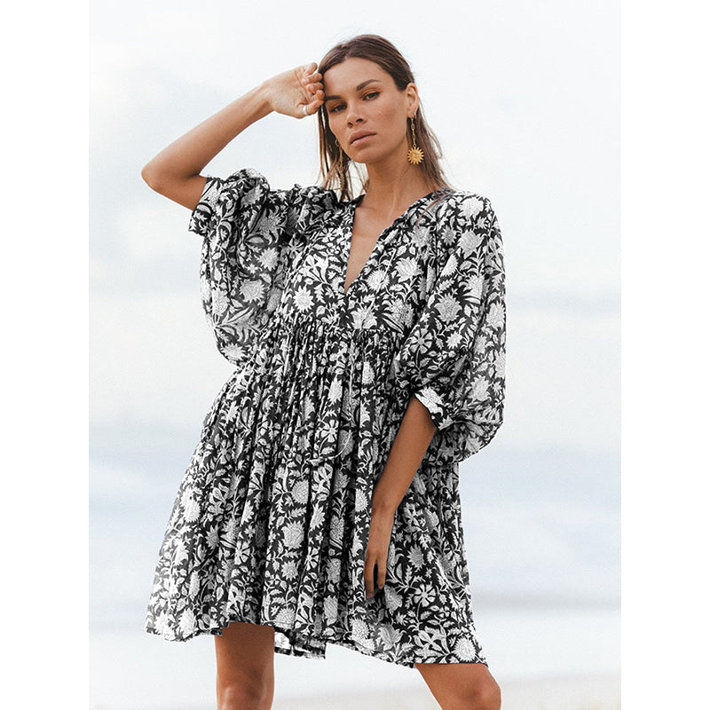 Black Floral Print Puff Sleeve Fit & Flare Dress