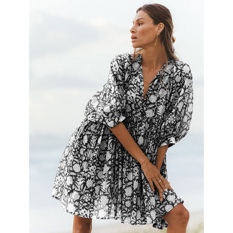 Black Floral Print Puff Sleeve Fit & Flare Dress