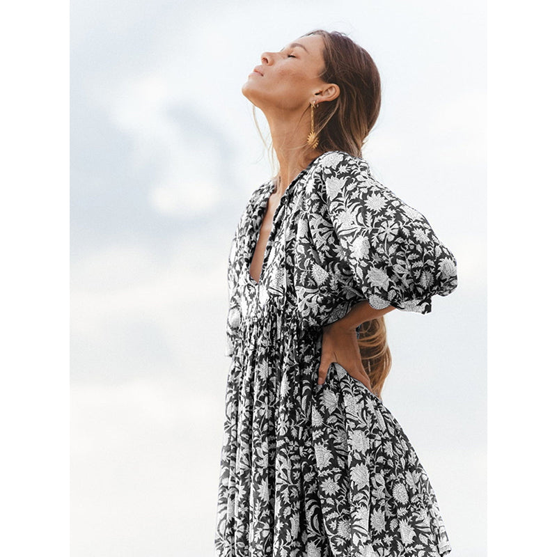 Black Floral Print Puff Sleeve Fit & Flare Dress