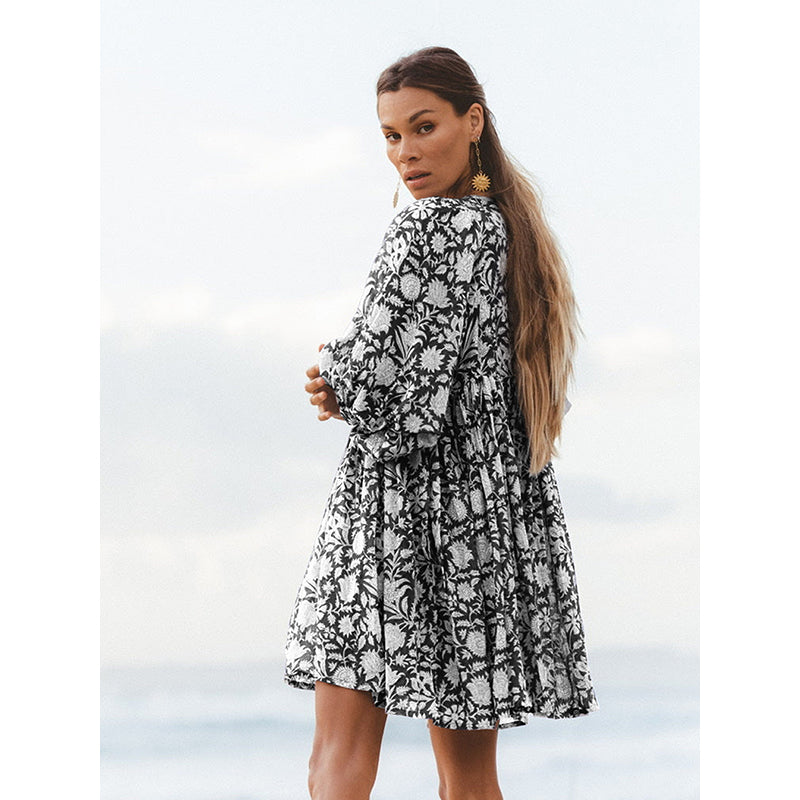 Black Floral Print Puff Sleeve Fit & Flare Dress