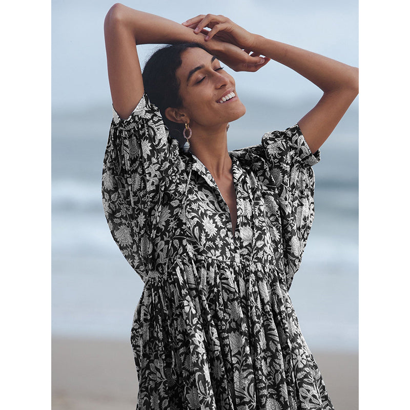 Black Floral Print Puff Sleeve Fit & Flare Dress