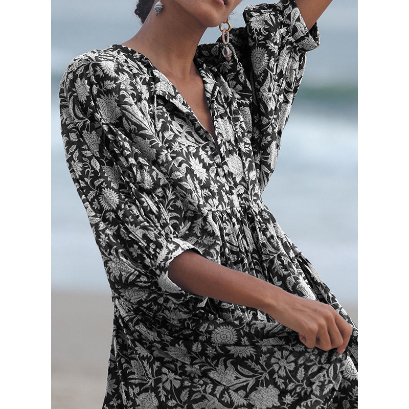 Black Floral Print Puff Sleeve Fit & Flare Dress