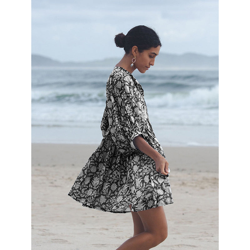 Black Floral Print Puff Sleeve Fit & Flare Dress