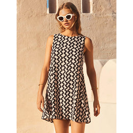 Beige & Black Geometric Print Sleeveless A-Line Dress