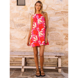 Red Floral Print Sleeveless A-Line Dress
