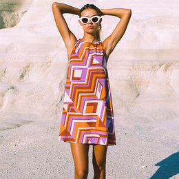 Orange & Purple Geometric Printed A-Line Dress