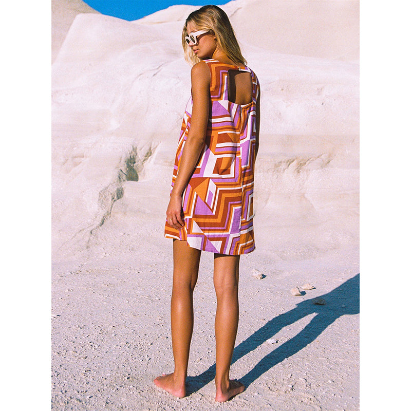 Orange & Purple Geometric Printed A-Line Dress