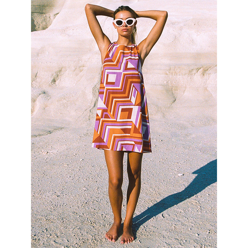 Orange & Purple Geometric Printed A-Line Dress