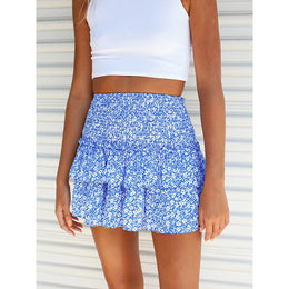 Blue Floral Printed Peplum Flared Mini Skirt