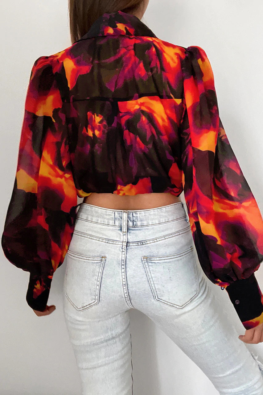 Women Black Abstract Printed Blouson Crop Top